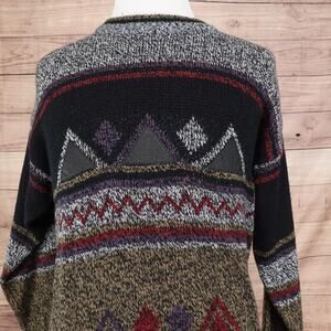 Vintage Impact Sweater‎ Mens Large Black Gray Geometric Aztec Leather Trim 90s
